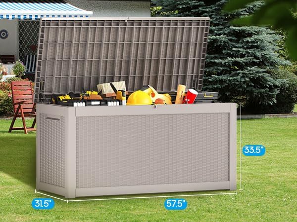 267 Gallon Deck Box Large Outdoor Storage for Patio Furniture,Outdoor Cushions,Garden Tools and Pool Supplies,Waterproof,Resin,Lockable(Grey Rattan)-Ruum Studio Home