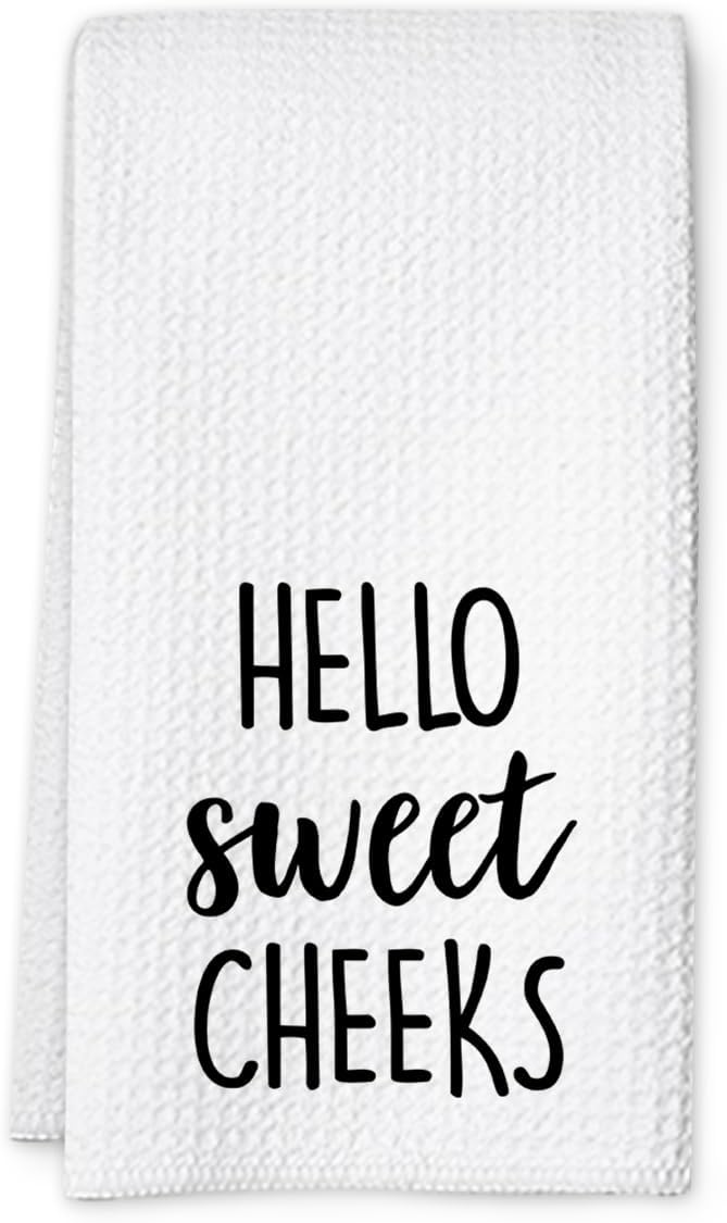 Hello Sweet Cheeks Hand Towel, Waffle Weave Microfiber Bathroom Towel, Funny Rustic Farmhouse Decor, Cute Guest Bathroom Accent-Ruum Studio Home