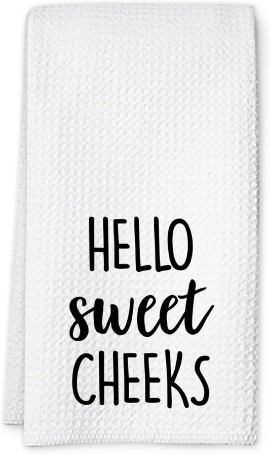 Hello Sweet Cheeks Hand Towel, Waffle Weave Microfiber Bathroom Towel, Funny Rustic Farmhouse Decor, Cute Guest Bathroom Accent-Ruum Studio Home