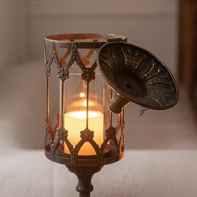 Vintage Floor Candelabra - 37.1" Tall Antique Gold Candle Holder with Glass Lantern, Rustic Gothic Metal Pillar Stand for Home Decor, Wedding & Event Centerpiece-Ruum Studio Home