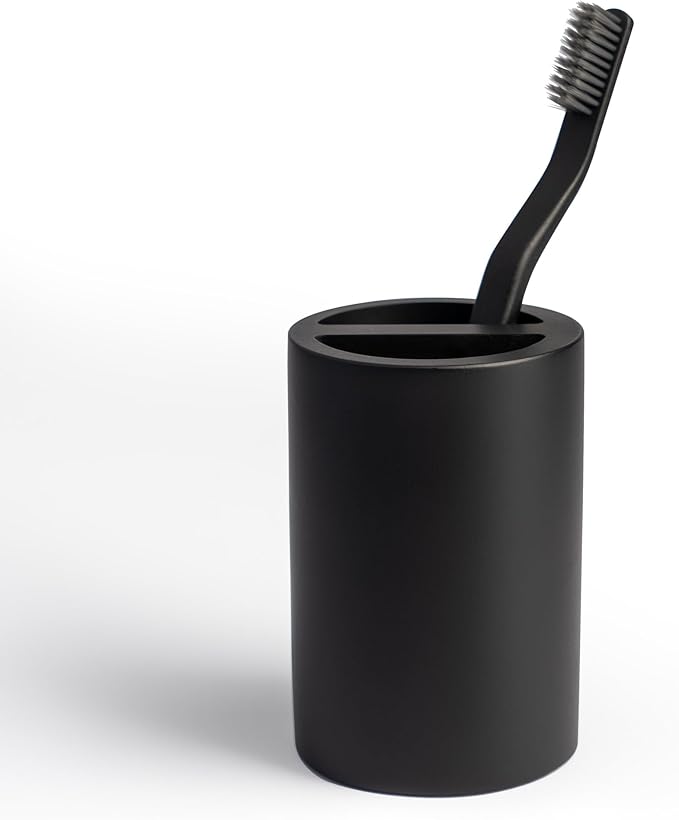 Matte Black Toothbrush Holder for Bathrooms – Modern Resin Countertop Organizer with Slots, Compact Toothbrush and Toothpaste Storage for Vanity, Hotel, Airbnb (Black)-Ruum Studio Home
