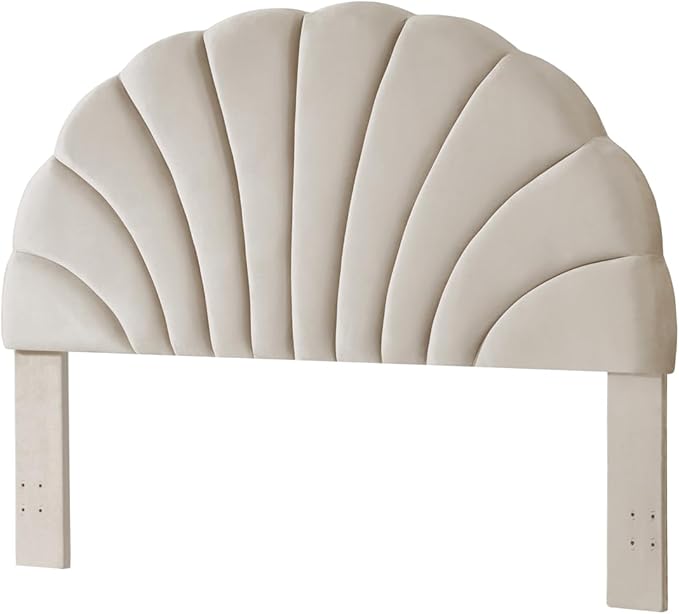 24KF Stunning Crown Design King Headboard, Upholstered Soft Velvet Petal Pattern Headboard King/CA King-Beige-Ruum Studio Home