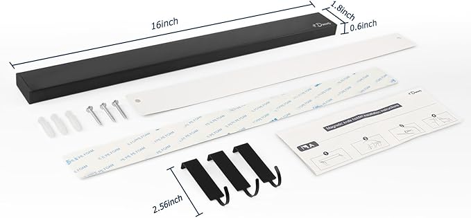 Dmore magnetic knife holder for wall—with 3 hooks, No Drilling 16 Inch black knife magnetic strip, Powerful knife magnet rack, include Adhesive Tape and screws for Knives, Utensils, and Tools-Ruum Studio Home
