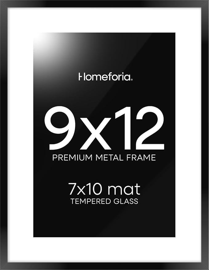 Homeforia 9x12 Picture Frame Black, High End Metal 9 x 12 Poster Frames with Mat 7 by 10 inch Photo, 9by12 Frame Matted to 7x10 in Art, 12x9 Wall or Tabletop Frames, Tempered Glass, Wall Kit, Set of 1-Ruum Studio Home