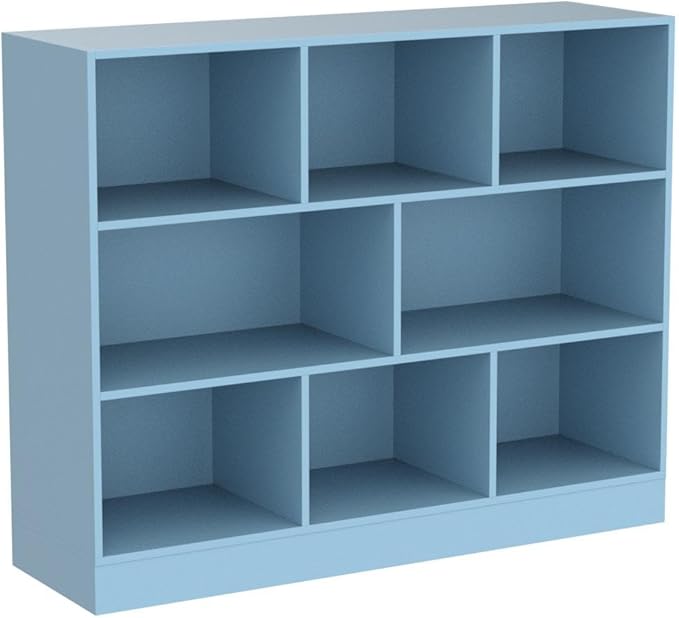 IOTXY Open Shelf Low Bookcase - Wooden 3-Tier Floor Standing Display Cabinet Organizer with Base, 8 Cubes Short Horizontal Bookshelf in Bright Blue-Ruum Studio Home