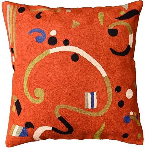 Kandinsky Modern Pillow Cover - Orange Ribbon | Mid Century Chair Cushions | Orange Abstract Pillows | Contemporary Pillowcase | Modern Couch Pillows | Hand Embroidered Cushion | Wool Size 18x18-Ruum Studio Home