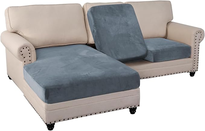 PrinceDeco Sectional Couch Covers 3 Pieces Velvet Sofa Covers L Shape Soft Couch Covers for Sectional Sofa Corner Sofa Cover Couch Cover for Dogs Washable (2 Seater + 1 Chaise,Stone Blue)-Ruum Studio Home