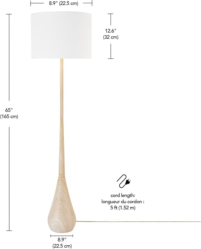 GLOBE Electric 52112 65" Floor Lamp, Faux Wood Finish, White Cotton Shade, Japandi Style, E26 Base, Modern Bedroom and Living Room Lighting-Ruum Studio Home