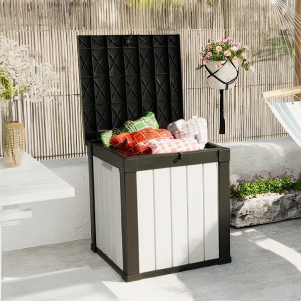 50-Gallon Outdoor Deck Box,Storage Lockable Waterproof Patio Furniture,Garden Tools,Cushions,Pool Accessories Outside Storage Resin Box(Black and White)-Ruum Studio Home