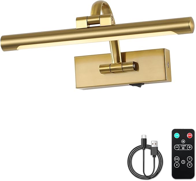 Wireless Picture Lights for Wall Rechargeable Brass Gallery Lights Battery Operated Art Lamps with Remote and Timer Dimmable Painting Lights for Artwork Portrait Display 12 Inch 2W 2700K-Ruum Studio Home