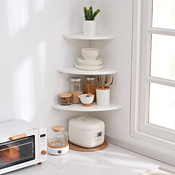 Corner Shelf, White Solid Oak Wood Floating Corner Shelves Wall Mount Round End Floating Speaker Rack Display Shelf for Small Plant Photo Frame (White, 13.8in)-Ruum Studio Home