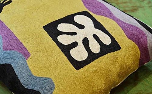 Yellow Matisse Gold Pillow Cover Farmhouse Chair Pillowcase Art Deco Chair Cushion Modern Outdoor Pillow Kids Room Cushions Hand Embroidered Wool Size 18x18-Ruum Studio Home