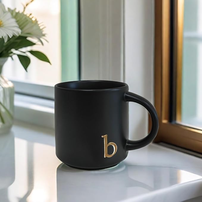 COLLECTIVE HOME - Black Monogram Ceramic Mugs, 15 oz Golden Initial Coffee Cups, Elegant Alphabet Tea Mugs, Personalized Halloween Mug with Gift Box, Perfect for Office and Home Décor (b)-Ruum Studio Home