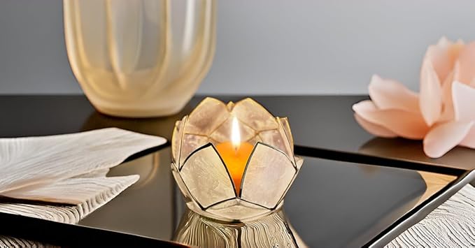 Blooming Lotus Capiz Shell Tealight Candle Holder, Handcrafted Decorative Tea Light Candleholder with Translucent Flower Petals for Ambient Illumination and Natural Elegance, Natural-Ruum Studio Home