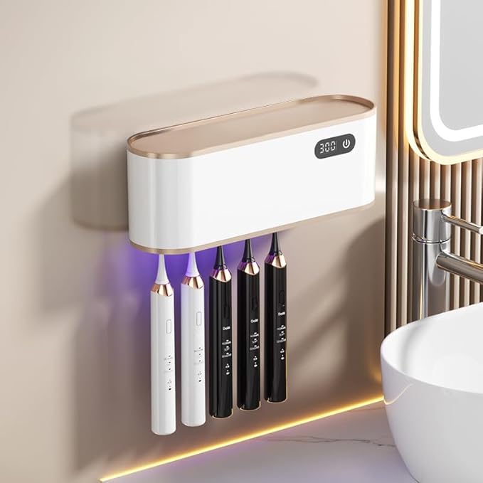 UV Toothbrush Sanitizer Holder for 4 | Wall Mounted Toothbrush Holder for Bathroom with Fan Drying | USB Rechargeable Toothbrush Cleaner & Sterilizer, No Drill Install, Modern Design (White Ⅱ)-Ruum Studio Home