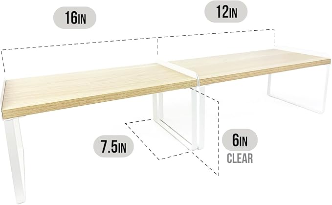 Mitus Shelf Organizer and Storage, Stackable Tiered Wood Cabinet Rack for Countertops, Desktops, Cabinets (Set of 2) 12" and 16" Wide Natural Oak and White-Ruum Studio Home