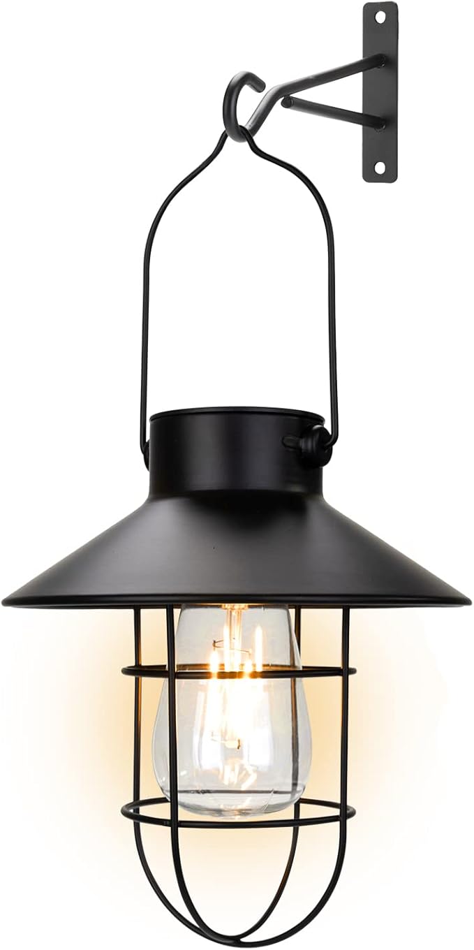 pearlstar Solar Lanterns Outdoor Metal Solar Powered Hanging Lights Waterproof for Wall Yard Garden Patio Garage Balcony Porch Fence Decor, Warm White Edison Bulb,with Wall Mount Kit（Black-1pack）-Ruum Studio Home
