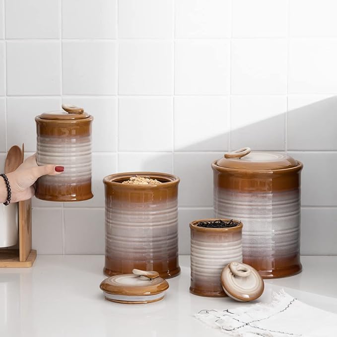 Nihow Ceramic Food Storage Jar Sets: Container with Air Tight Ceramic Lid for Flour/Sugar/Rice/Coffee/Cookies/Candy - Seal Damp-proof Canister for The Kitchen - Set of 4 (Brown)-Ruum Studio Home