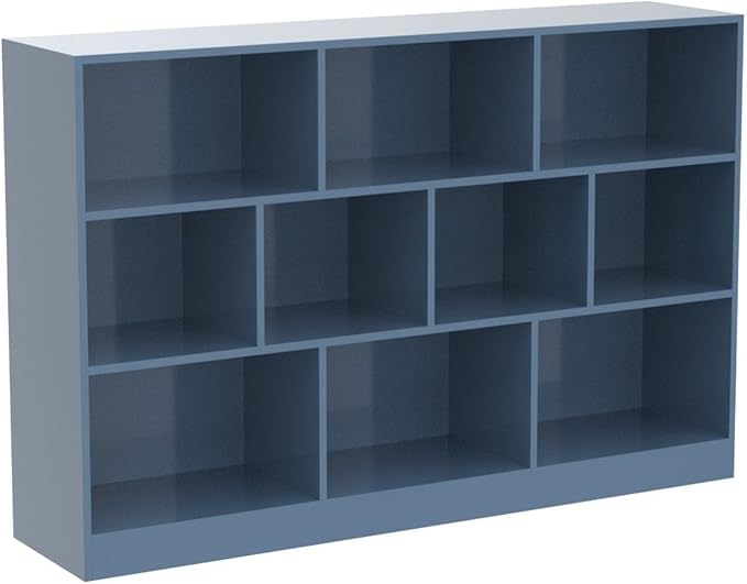 IOTXY Open Shelf Low Bookcase - Wooden 3-Tier Floor Standing Display Cabinet Organizer with Base, 10 Cubes Short Horizontal Bookshelf in Bright Blue-Ruum Studio Home