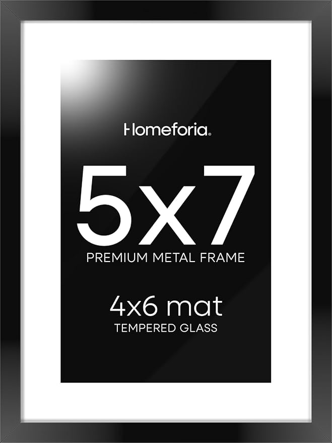 Homeforia 5x7 Picture Frame Black, High End Metal 5 x 7 Black Frames with Mat 4 x 6 for Art, 5x7 Desk Frame Matted to 4x6 inch Photo, 5 by 7 Wall or Tabletop Frames, Tempered Glass, Wall Kit, Set of 1-Ruum Studio Home
