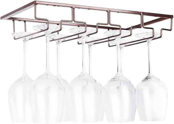 Wine Glass Rack Under Cabinet - Stemware Holder Metal Wine Glass Organizer Glasses Storage Hanger for Bar Kitchen Brown 4 Rows-Ruum Studio Home
