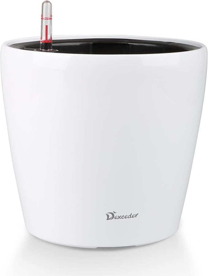 Dexceder 11x10 Inches High Gloss Self Watering Planter Indoor Outdoor, Inner Pot Design, Thickened Table Flower Plant Pot with Water Level Indicator (White)-Ruum Studio Home