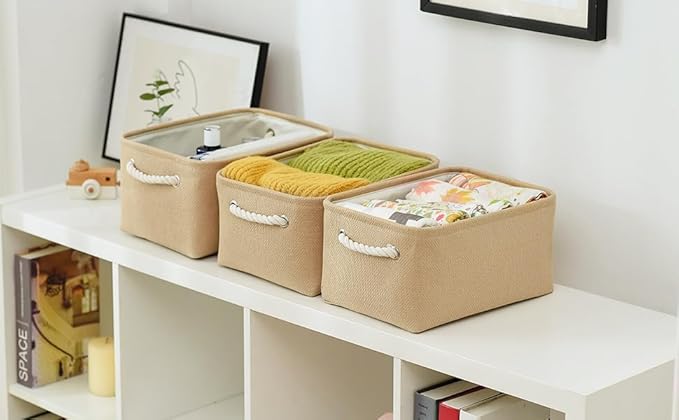 TheWarmHome Storage Bins for Shelves - Medium 3Pack 13.8L*9.8W*6.7H inch Canves Storage Basket for Organizing, Fabric Storage with Handles for Clothes Baby Dog Toys(Beige)-Ruum Studio Home