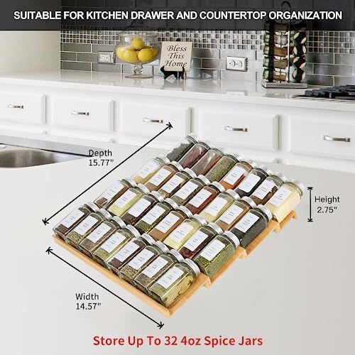 Spice Drawer Organzier,4 Tiers Bamboo Spice Rack Tray Insert for Cabinet Drawer Countertop, Kitchen Seasoning Storage Drawer Organization,14.57" Wide x 15.8" Deep （Hold UP To 32 Jars-Ruum Studio Home