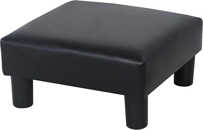 Joveco Small Footstool Ottoman, PU Leather Square Upholstered Footrest with Plastic Legs, Under Desk Foot Stools for Living Room Bedroom Office, Black-Ruum Studio Home