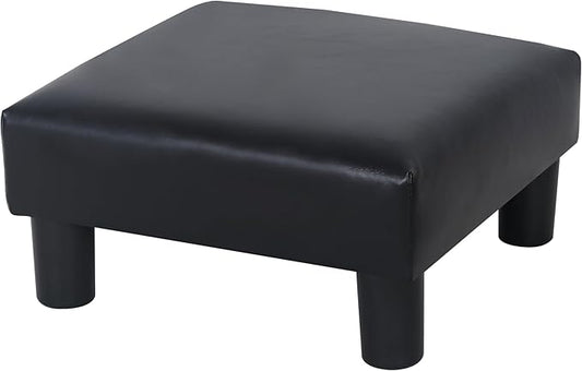 Joveco Small Footstool Ottoman, PU Leather Square Upholstered Footrest with Plastic Legs, Under Desk Foot Stools for Living Room Bedroom Office, Black-Ruum Studio Home