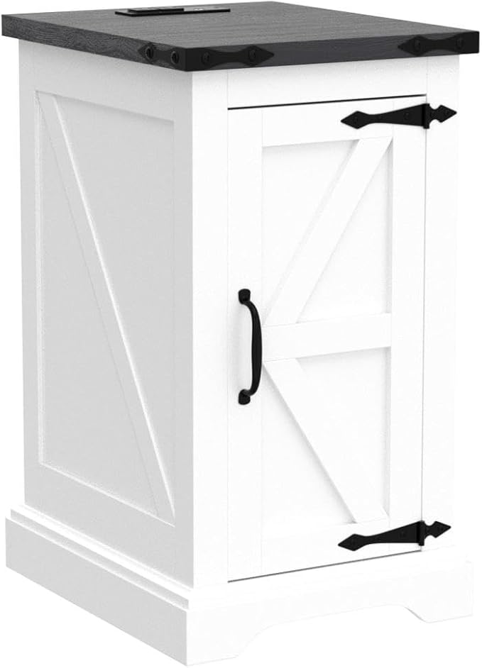 JXQTLINGMU Nightstand with Charging Station, Rectangular Farmhouse End Table with Barn Door and Adjustable Storage Shelf, 17" Deep Wood Rustic Sofa Side Table for Living Room, Bedroom, White-Ruum Studio Home