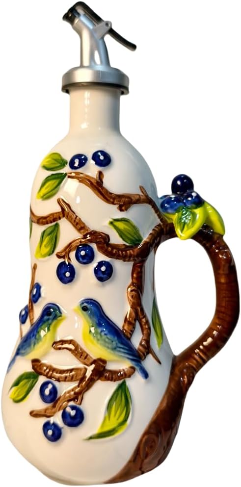 18 Oz Hand Painted Relief Ceramic Olive Oil Bottle Dispenser for Kitchen, Oil and Vinegar Bottle, Seasoning Bottle with Stainless Steel Nozzle, 540mL Oil Container with Handle for Cooking, Light Proof-Ruum Studio Home