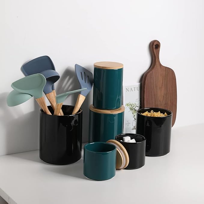 Sweejar Ceramic Kitchen Canister Sets, Porcelain Container for Countertop, Heavy Food Storage Jars with Airthight Seal Bamboo Lid, Servering for Sugar, Coffee Beans, Tea Leaves, Pack of 4（Jade）-Ruum Studio Home