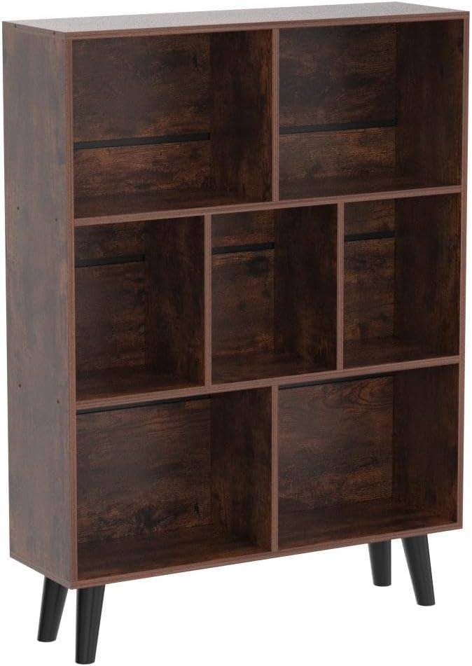 LEYAOYAO Cube Bookshelf 3 Tier Mid-Century Rustic Brown Modern Bookcase with Legs,Retro Wood Bookshelves Storage Organizer Shelf,Freestanding Open Book Shelves for Bedroom,Living Room,Office-Ruum Studio Home