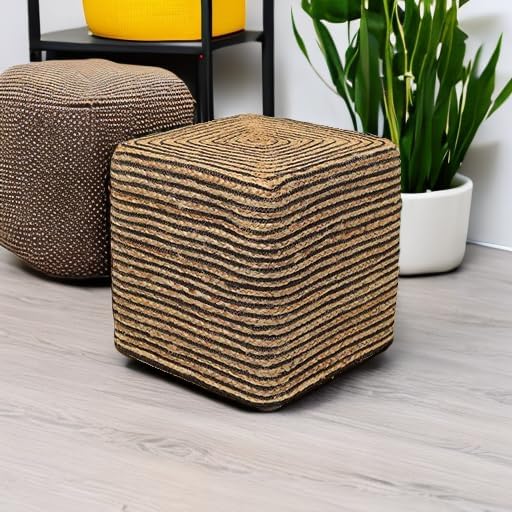 REDEARTH · Cube Pouf Foot Stool Ottoman - Jute Braided Pouffe Poof Accent Sitting Footrest for The Living Room, Bedroom, Nursery, Patio, Lounge 50% Jute 50% Cotton (14.5”x14.5”x16”; Natural Black)-Ruum Studio Home