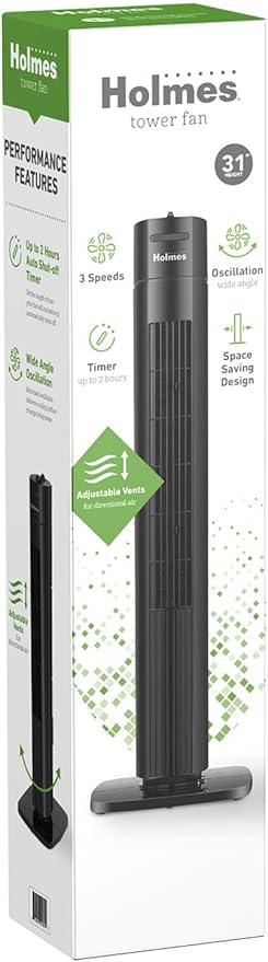 Holmes 31" Manual Tower Fan, 70° Oscillation, 3 Speeds, 2-Hour Auto Shut-Off Timer, Adjustable Vents, Compact and Slim Profile, Carry Handle, Ideal for Cooling your Home, Bedroom or Office, Black-Ruum Studio Home