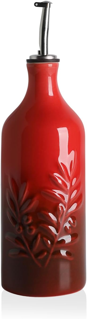 Sweejar Ceramic Olive Oil Dispenser Bottle, 20 Oz Relief Opaque Oil Cruet Protects To Reduce Oxidation, Suitable for Storage Vinegar, Soy Sauce, Coffee Syrup, Liquids, Set of 1 (Gradient Red)-Ruum Studio Home