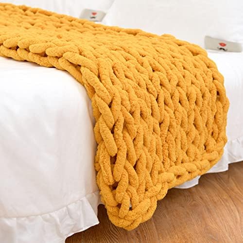 Chunky Knit Blanket Throw 40"*60", Hand Knitted Warm Chenille Throw Blanket, Home Decor Soft Thick Yarn Cable Knit Blanket,Soft Breathable Fleece Banket Christmas for Couch Bed Sofa Best Gift (Yellow)-Ruum Studio Home