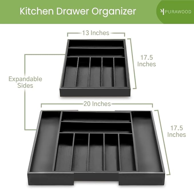 Purawood Bamboo Drawer Organizer - Expandable Silverware Organizer & Utensil Organizer, Cutlery Tray with Dividers, 7-9 Slots - Premium Kitchen Drawer Organizer for Utensils & Flatware (Black)-Ruum Studio Home