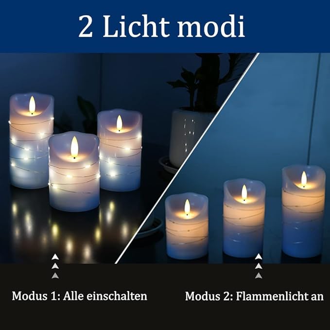 danip Sky Blue LED Flameless Candle, with Embedded Star String, 3-Piece Set of LED Candles, with 11 Button Remote Control, 24-Hour Timer Function, Dancing Flames, Real Wax, Battery Powered.-Ruum Studio Home