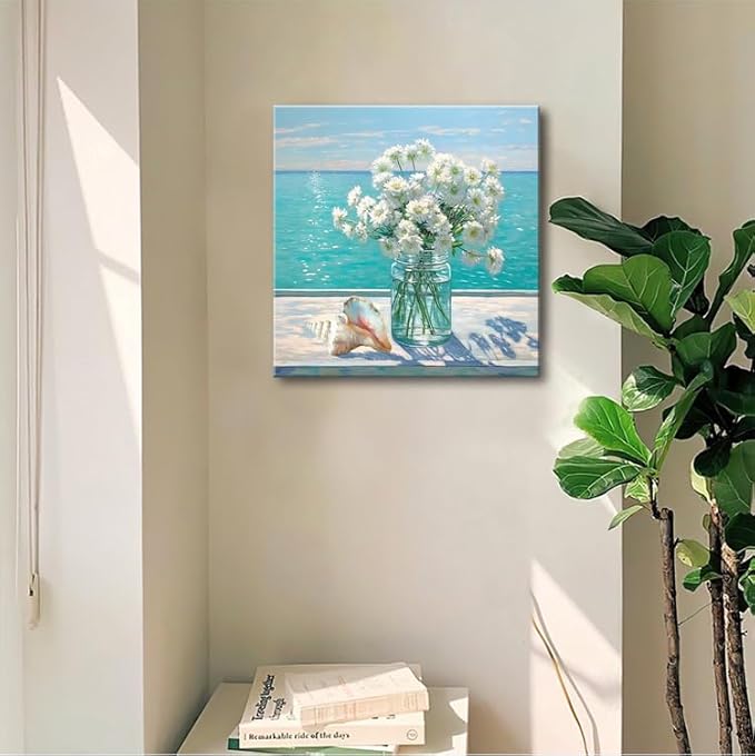 Bathroom Decor Ocean Daisy Flower Canvas Wall Art Coastal Nautical Seashell Seascape Framed Picture Ocean Theme Seascape Painting Artwork for Bedroom Home Decoration Square Blue 14x14"-Ruum Studio Home