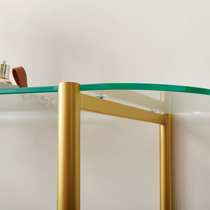 Oval Glass Console Table for Living Room, Foyer & Entrance, 2-Tiers Mid-Century Modern Sofa Table with Clear Glass Top, Walnut Finish Wood Shelf and Gold Finish Frame-Ruum Studio Home