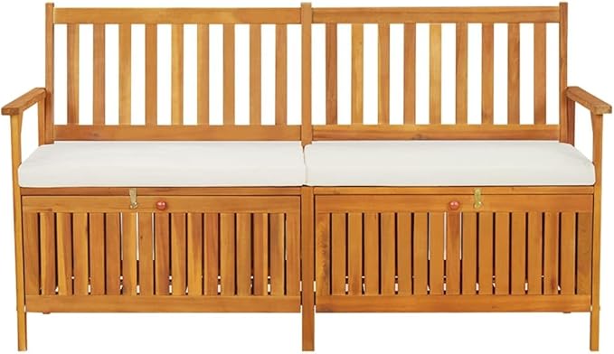 vidaXL Patio Storage Bench 58.3" - Solid Acacia Wood with Cream White Cushion - Versatile Wooden Bench for Indoor and Outdoor Use - with Ample Storage Space-Ruum Studio Home