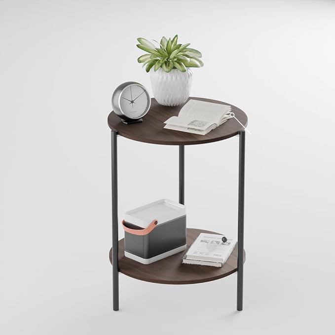 Side Table, Round End Table with 2-Layer Storage Rack, 15.7" Small Spaces Circle Table, Metal Frame Design Small Side Tables, for Living Room, Bedroom, Vintage Wood-Ruum Studio Home