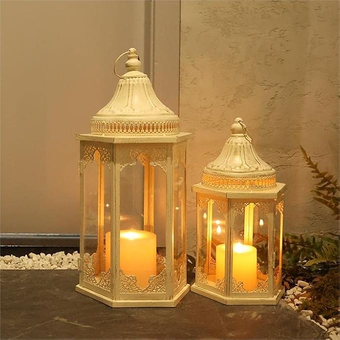 NEEDOMO Lanterns Decorative Outdoor & Indoor, Set of 2 Outdoor Lanterns for Porch,Large Candle Lantern, Beige Metal Frame with Glass for Fall, Christmas-Ruum Studio Home