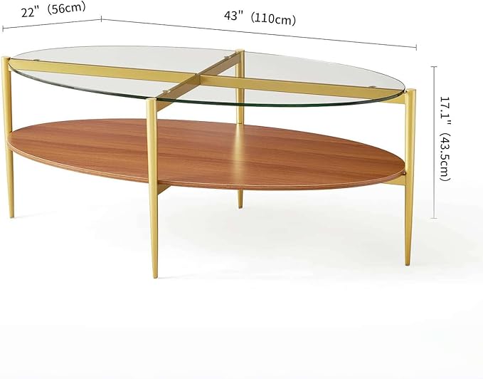 Oval Glass Coffee Table, Mid-Century Modern Design, L43 x W22 x H17 inch, 2-Tier Structure, Olive Shaped Clear Glass Top and Walnut Finish Wood Shelf, Tapered Legs with Gold Finish Frame-Ruum Studio Home