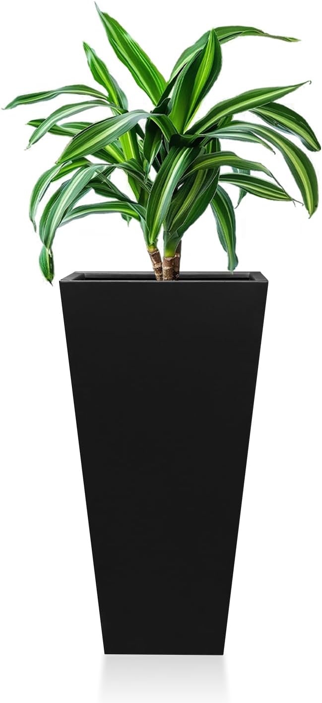 Tall Black Planter Tapered Metal Modern Flower Plant Pot Black Square Galvanized Steel Planter 30In Indoor Outdoor for Front Porch Garden Patio Grande Plant Tree Commercial Residential Heavy Duty-Ruum Studio Home