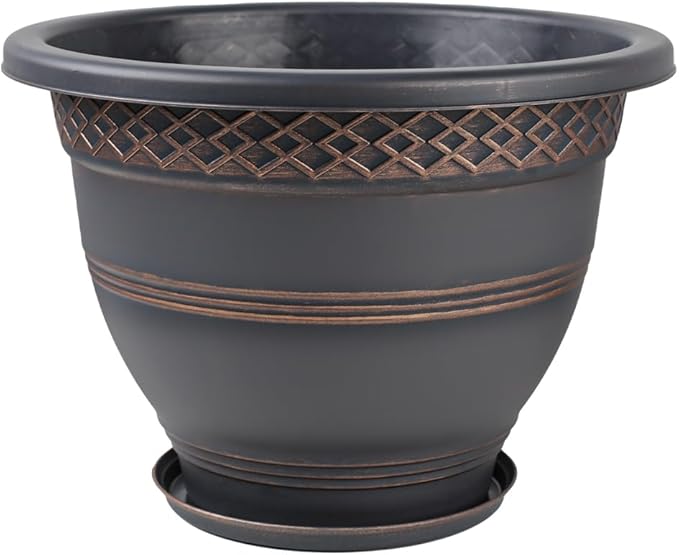 10 Inch 4 Pack Large Plant Pots, Plastic Flower Pot for Indoor & Outdoor with Drainage Holes & Saucer, Plaid Pattern Planters Garden Pots for Herbs-Ruum Studio Home