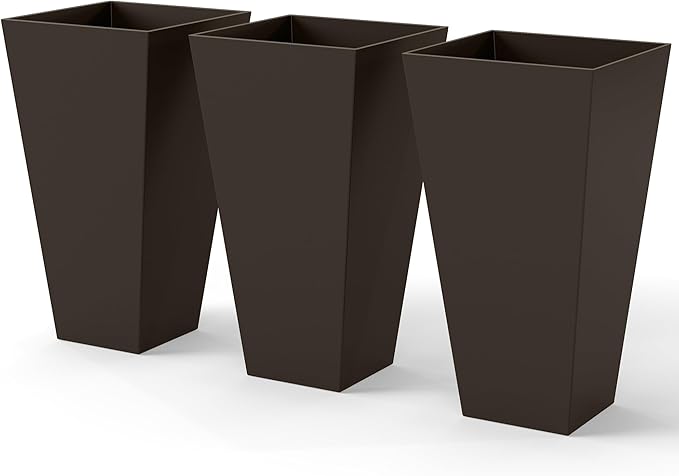 Outsunny Tall Planters for Outdoor Plants Set of 3, 28 in Taper Planters with Drainage Holes, Indoor Grande Plant Pots, Front Porch Decor, Brown-Ruum Studio Home