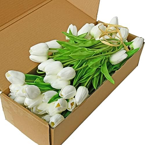 Mandy's Artificial Tulips 60 Stems White PU Faux Flowers for Wedding Home Decor 13.5 Inch-Ruum Studio Home